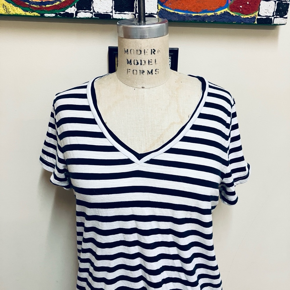 J. Crew Navy and White Striped V-Neck Tee